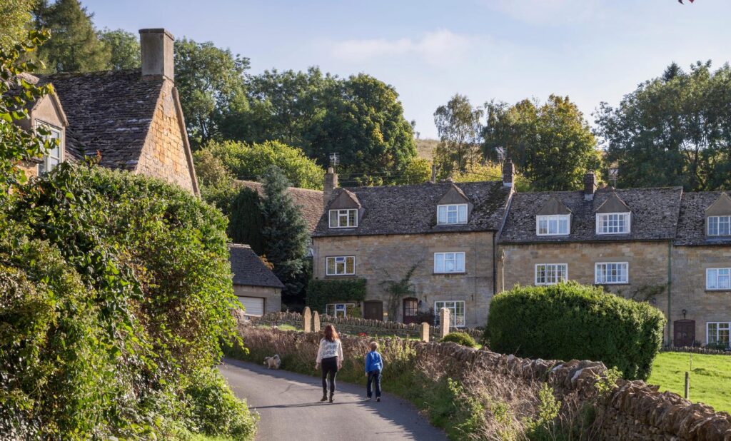 An adult and a child walk away from the camera along a narrow country lane bordered by a dense ivy-covered hedge and a low dry-stone wall, with a small dog visible ahead of them. A terrace of honey-colored Cotswold-stone cottages with stone-tile roofs lines the right side of the lane, backed by mature trees and a gentle hillside under a clear blue sky.