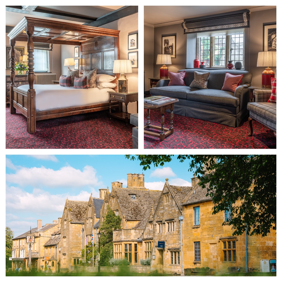 A three-photo collage shows two interior shots of a hotel suite — one featuring a dark wood four-poster bed with tartan pillows on a crimson patterned carpet, the other a sitting room with a gray sofa, red accent lamps, and leaded-glass windows — paired with an exterior view of a grand, multi-gabled Cotswold-stone building lining a village high street under a partly cloudy sky.