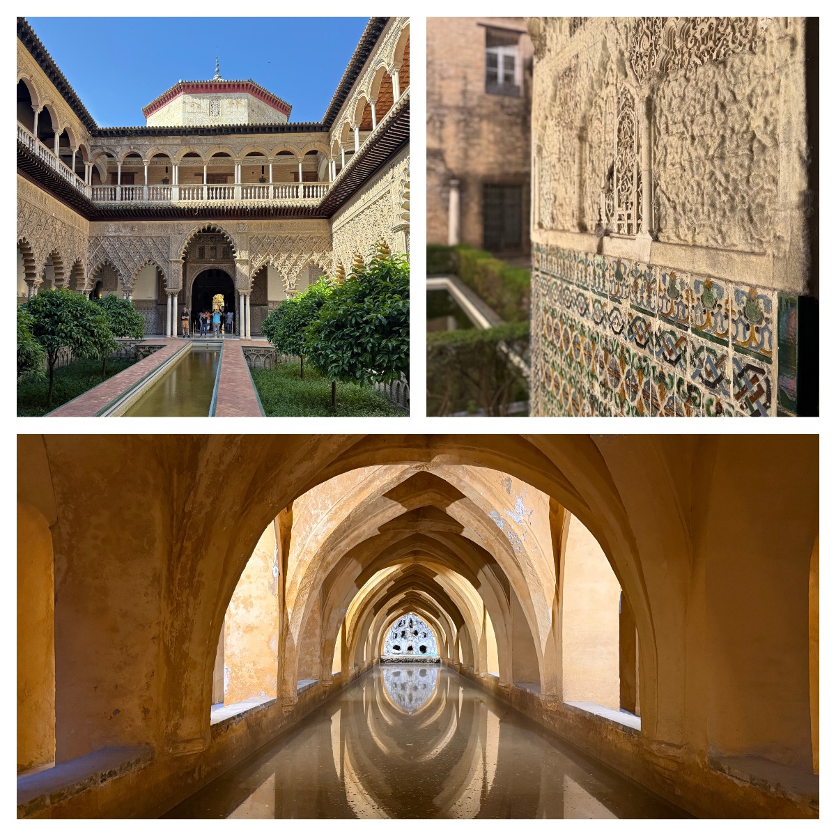 A three-panel collage of Seville's Real Alcázar: the top left shows a courtyard with a long reflecting pool, orange trees, and elaborately carved Mudéjar arches and arcaded galleries rising to an octagonal tower; the top right shows a close-up of densely carved stucco wall decoration above a band of polychrome azulejo tiles. The bottom panel shows a subterranean vaulted passage with a series of golden stone pointed arches receding into the distance, their reflections mirrored in a still water channel below.