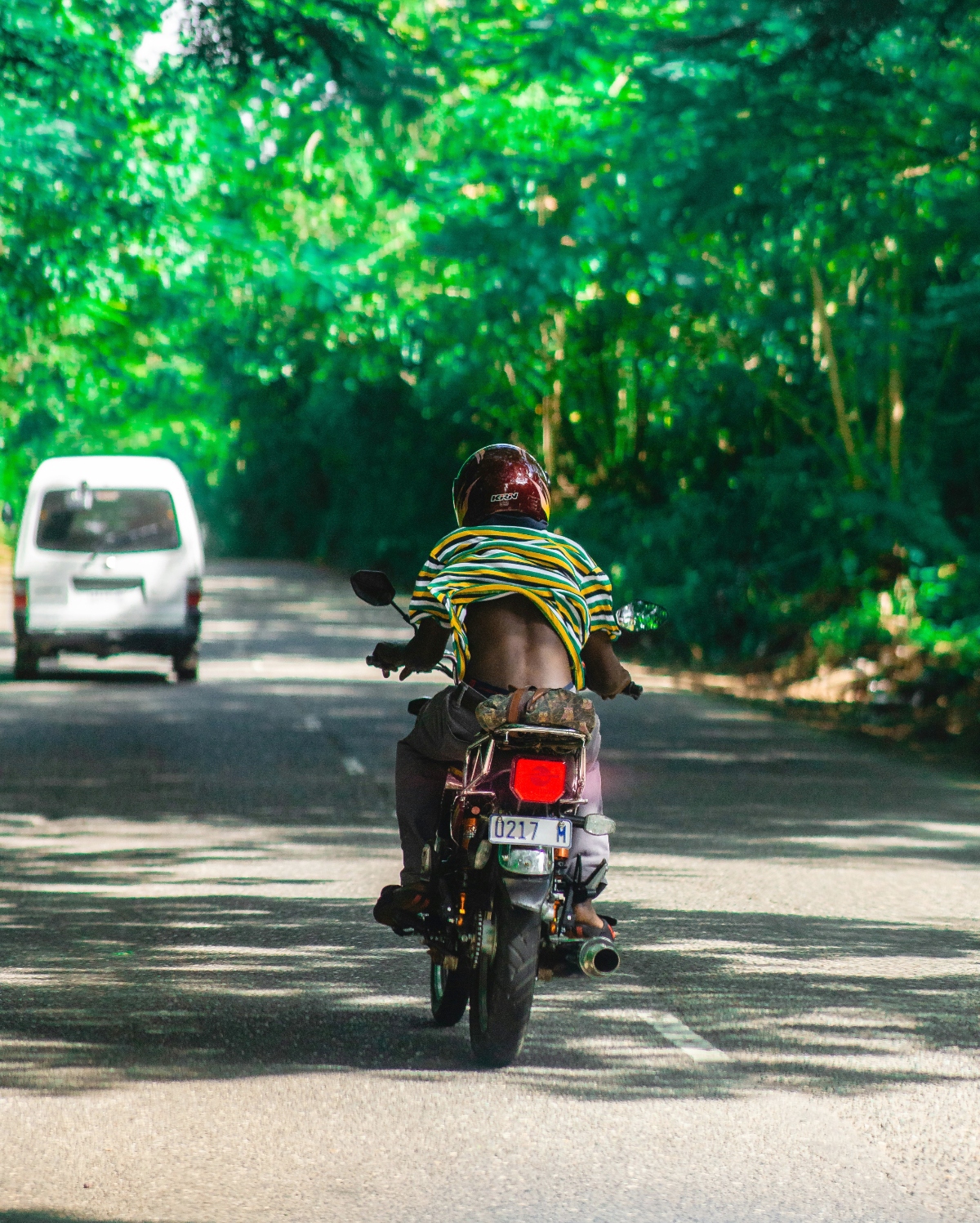 A motorcyclist wearing a helmet and striped shirt rides along a tree-lined road behind a white van, with dappled sunlight creating shadows across the pavement. Dense tropical vegetation forms a canopy over both sides of the road, filtering bright sunlight through the leaves.