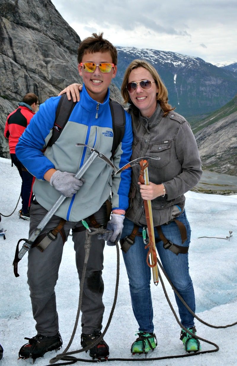 A mother-son bonding moment on Norway's Nigardsbreen Glacier. Photo by Kristi Marcelle