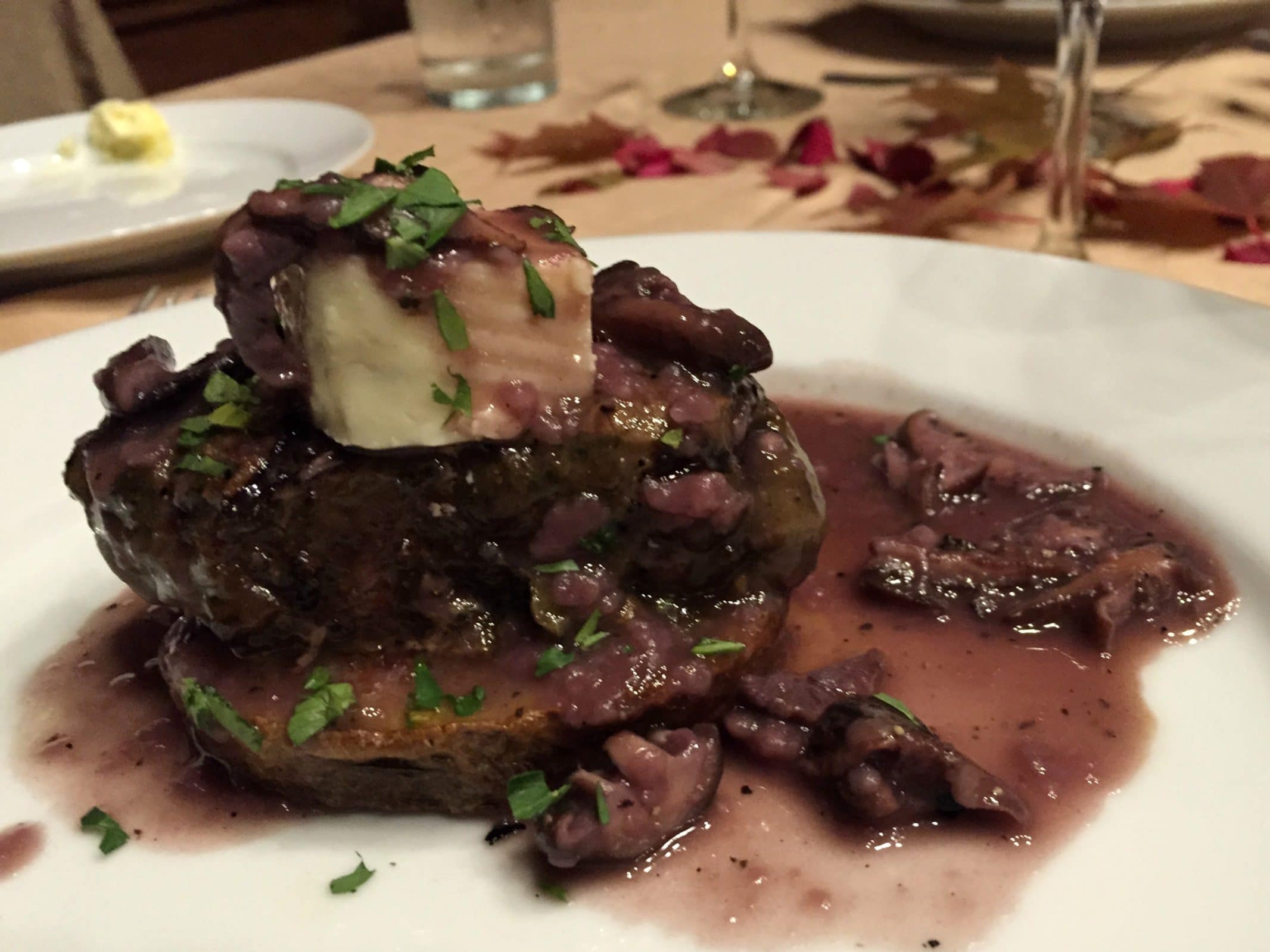 The paired course wine dinner featured beef shoulder with red wine, shiitake mushroom and gorgonzola reduction.