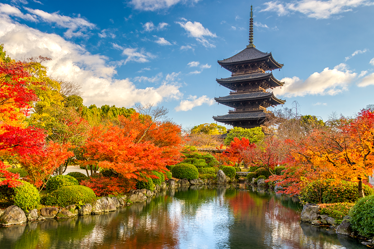 Autumn in Kyoto Japan with a Pagoda on a lake