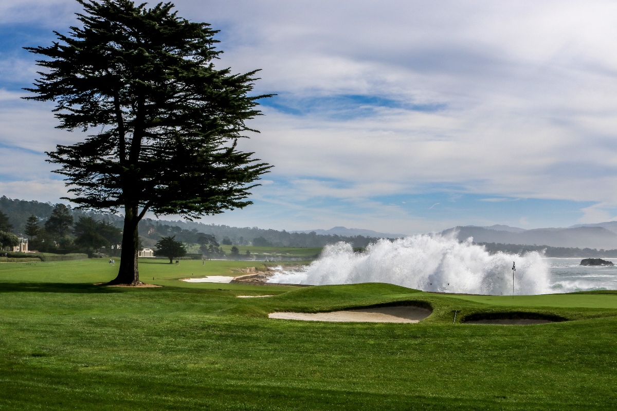 A golf course with green fairways and sand bunkers extends along the coastline, with a large tree standing prominently in the foreground and a flag marking a putting green. Large waves crash against the shore creating white spray, while forested hills are visible in the background under a cloudy sky.