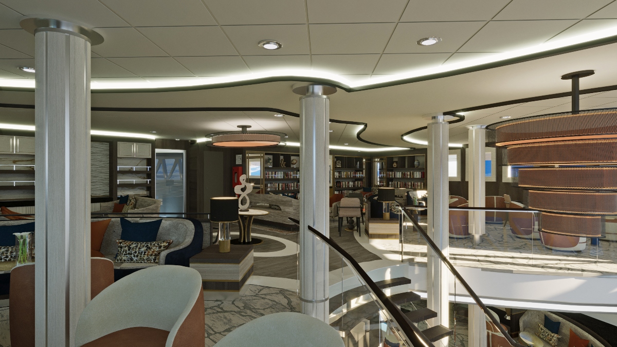 This image shows a modern, multi-level interior space with curved architectural elements including white columns and flowing ceiling lines with integrated lighting. The space features various seating areas with contemporary furniture in different colors, bookshelves along the walls, and a curved staircase with glass railings connecting the different levels.