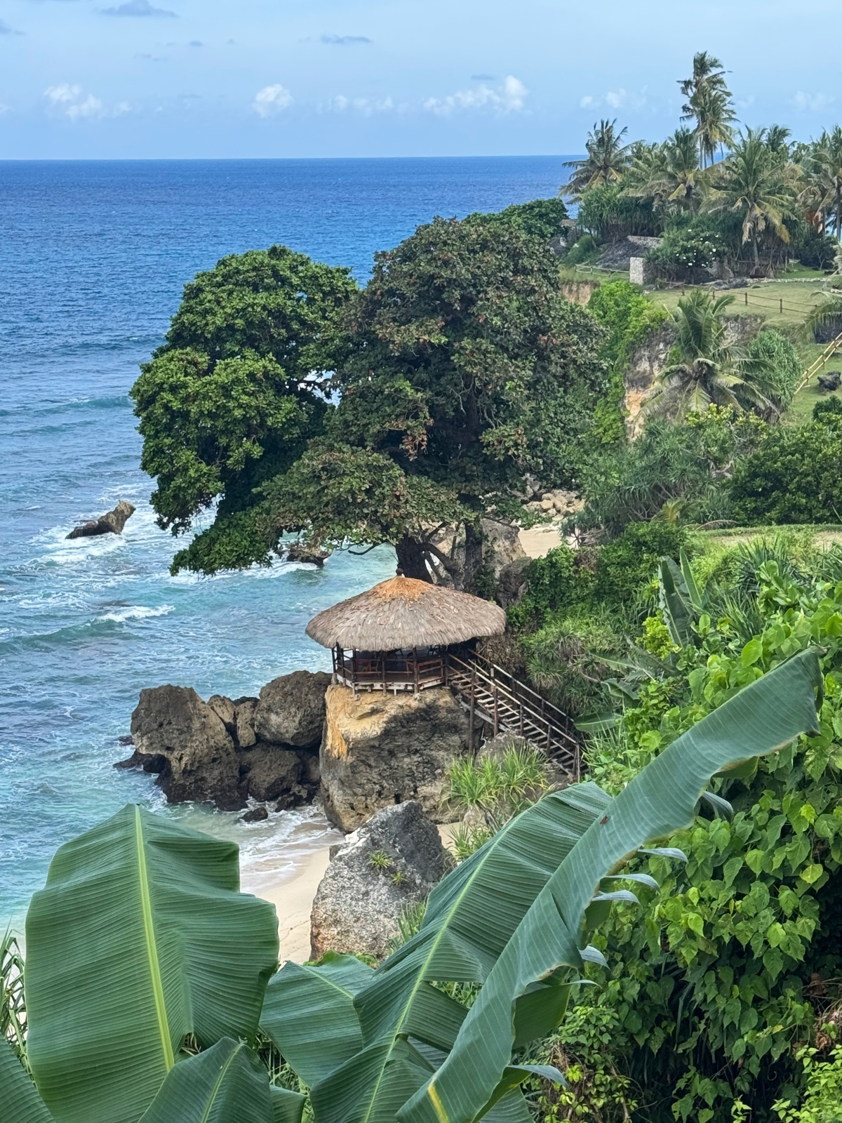 A thatched-roof gazebo structure sits on dark rocky outcrops along a tropical coastline, connected by wooden stairs and surrounded by turquoise ocean waters. The scene features lush tropical vegetation including large banana plant leaves in the foreground, dense green trees, and palm trees covering the clifftops under a partly cloudy blue sky.