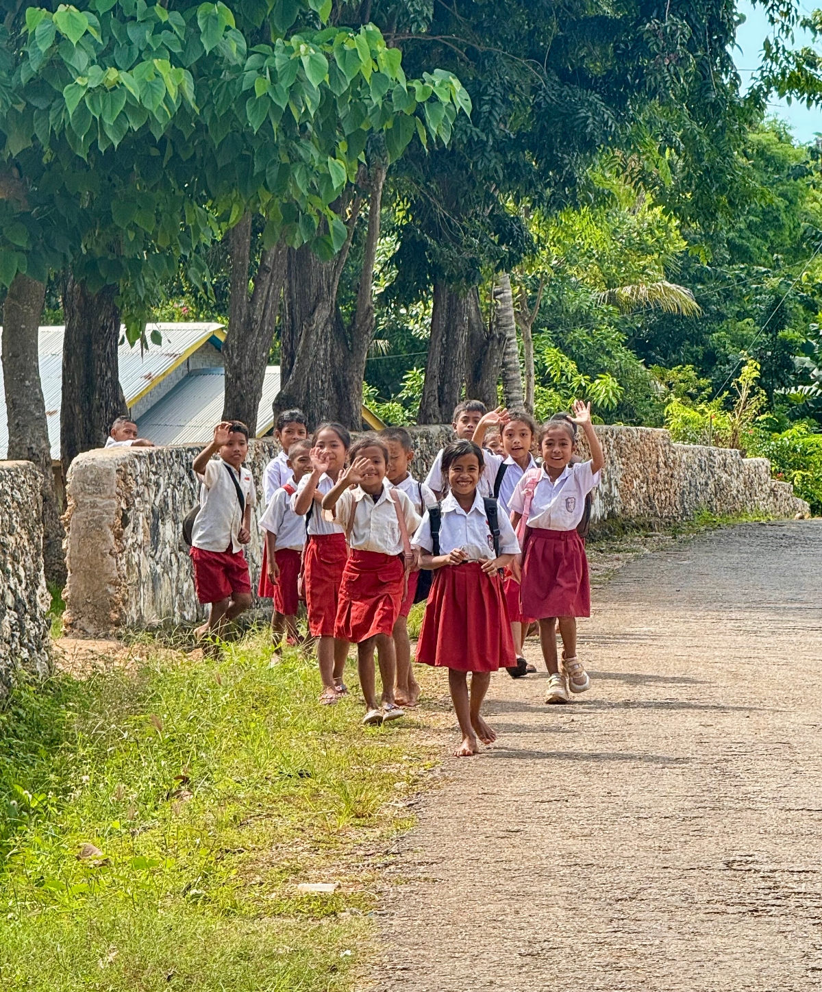 A group of school children wearing white shirts and red uniforms walk along a paved road lined with large trees and a stone retaining wall. The children are smiling and waving at the camera while surrounded by lush green tropical vegetation and palm trees in what appears to be a rural village setting.