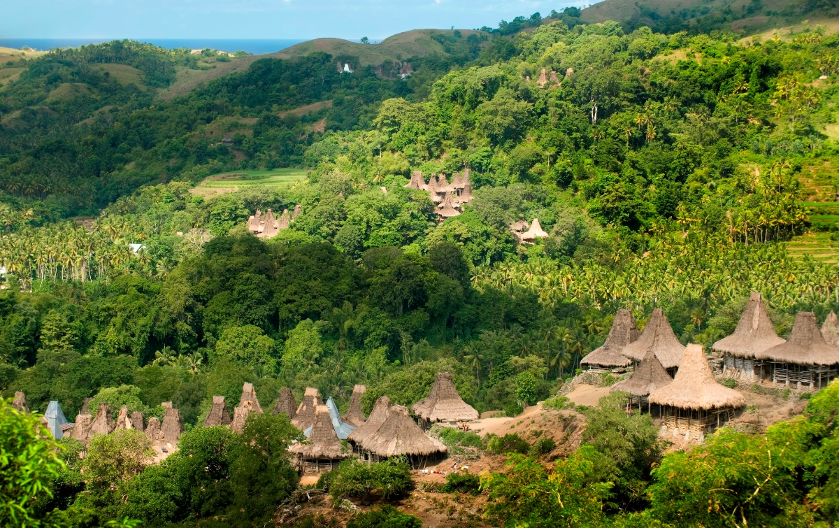 An aerial view shows a traditional village nestled in a lush, mountainous tropical landscape with dozens of distinctive cone-shaped thatched-roof houses scattered across the rolling green terrain. The scene features dense tropical vegetation, palm trees, and multiple ridges and valleys extending into the distance under a partly cloudy sky.
