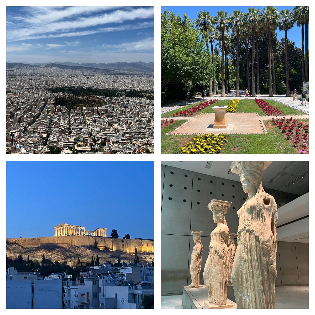 This collage contains four images showing different aspects of what appears to be a Mediterranean city and its cultural sites. The top left shows an expansive urban landscape viewed from an elevated position, with dense residential development extending toward distant mountains. The top right displays a formal garden with geometric flower beds in vibrant colors and palm trees lining a central pathway. The bottom left captures an illuminated ancient temple complex on a hilltop during twilight hours, while the bottom right shows classical marble statues of draped figures displayed in a modern museum setting.