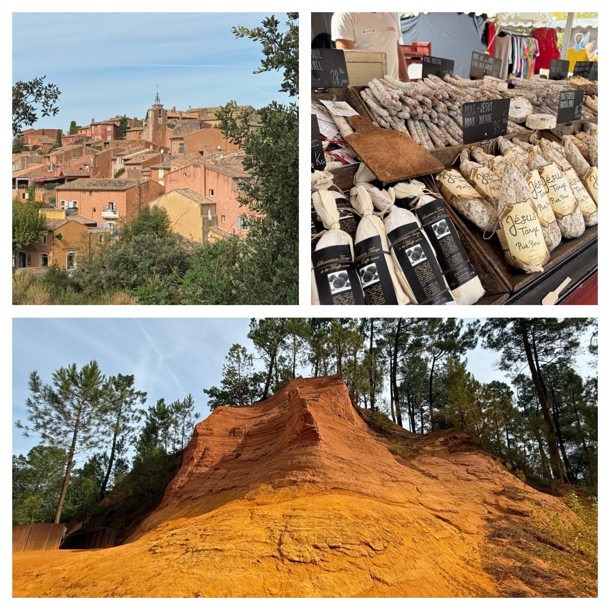 A three-photo collage depicting scenes from a Provençal village and its surroundings. The top left shows a hillside village with ochre and rust-colored buildings clustered together with a church bell tower rising above the rooftops. The top right displays a market stall with arranged rows of dried sausages and bottled products with handwritten labels, while the bottom image features a dramatic layered ochre cliff formation in shades of orange and yellow with pine trees growing along its ridge.