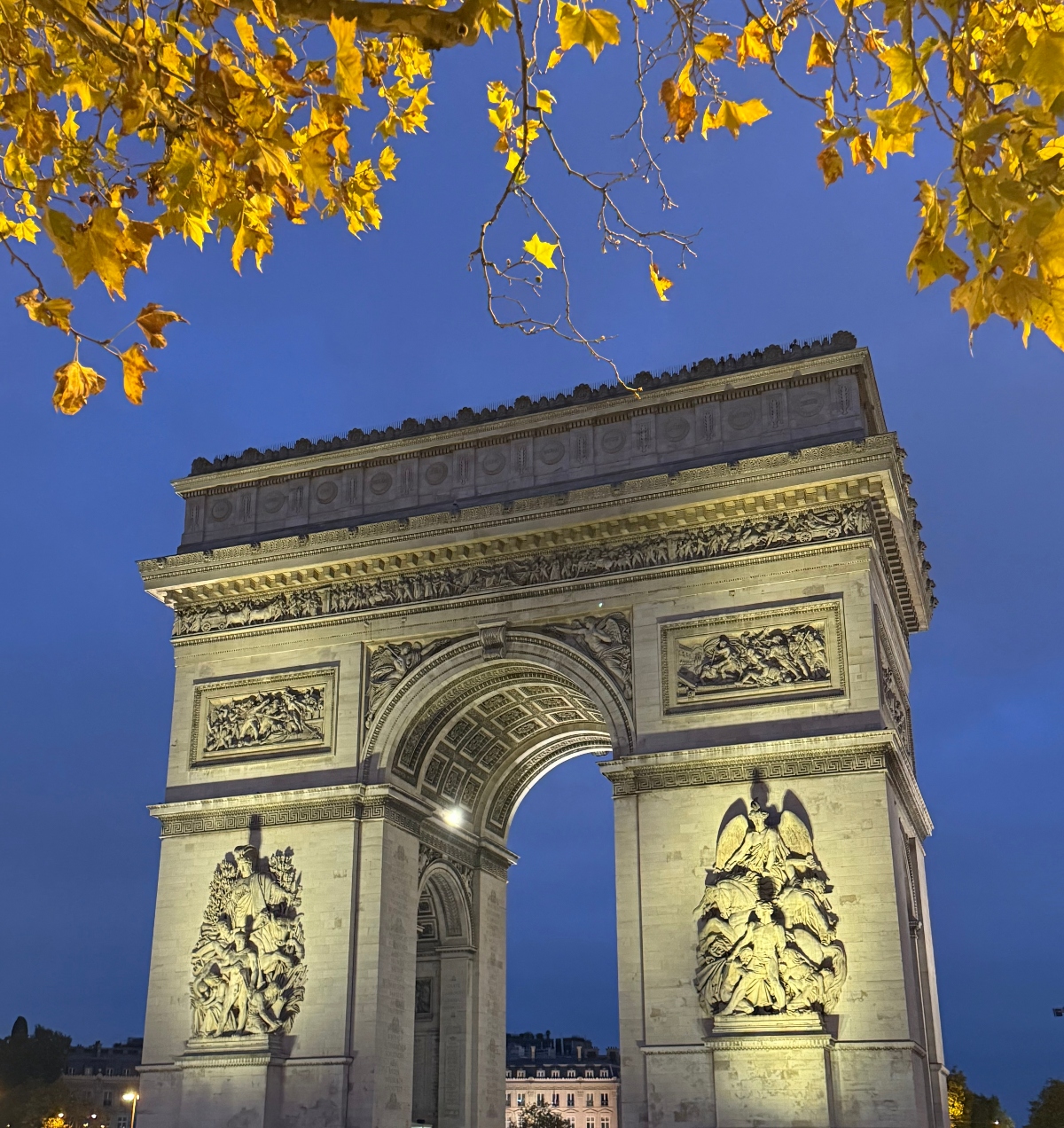 The Arc de Triomphe is photographed from below against a deep blue evening sky, with yellow autumn leaves and bare branches framing the top of the image. The monument's illuminated stone facade displays ornate relief sculptures on its surfaces and decorative friezes along its upper sections, while the central arch opens to reveal buildings in the distance. The upward perspective emphasizes the monument's monumental scale and architectural detailing in warm artificial lighting.