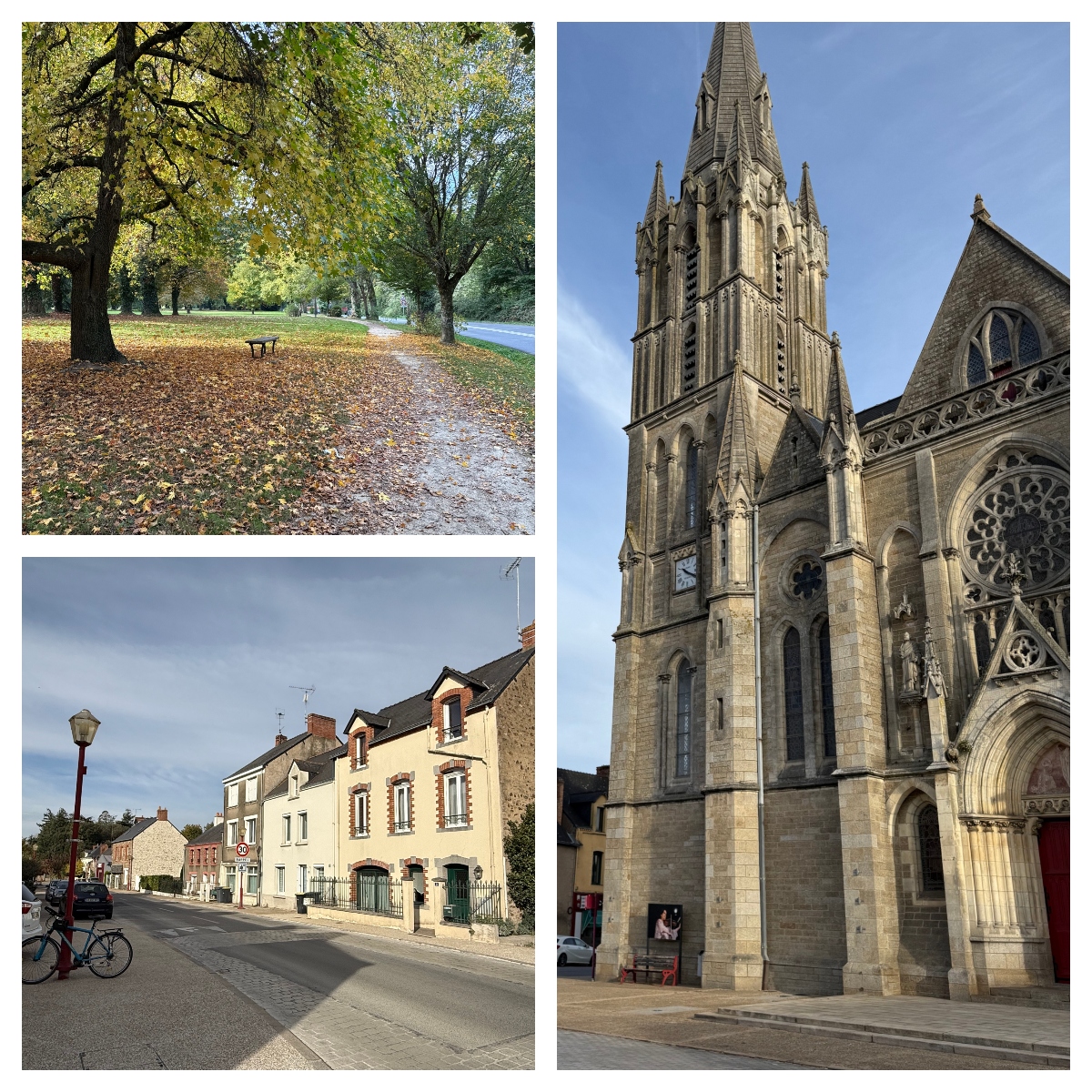A three-image collage showing scenes from a French village, with a tree-lined path covered in autumn leaves in the upper left, a quiet street of traditional cream and beige townhouses in the lower left, and a tall Gothic stone church with an ornate spire and rose window on the right. All images feature overcast skies and showcase the historic architecture and natural beauty of the Loire region.