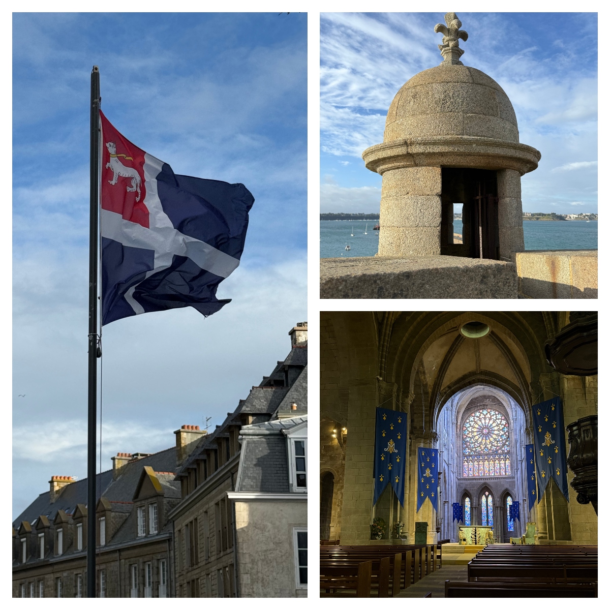 A three-image collage showing: on the left, a flag with red, white, and blue horizontal stripes flying above historic buildings with slate roofs; top right, a cylindrical stone watchtower with a domed roof and decorative finial overlooking harbor waters; bottom right, the interior of a Gothic cathedral with ribbed vaulted ceilings, wooden pews, and blue banners decorated with gold fleur-de-lis hanging between stone pillars, with a rose window visible in the distance.