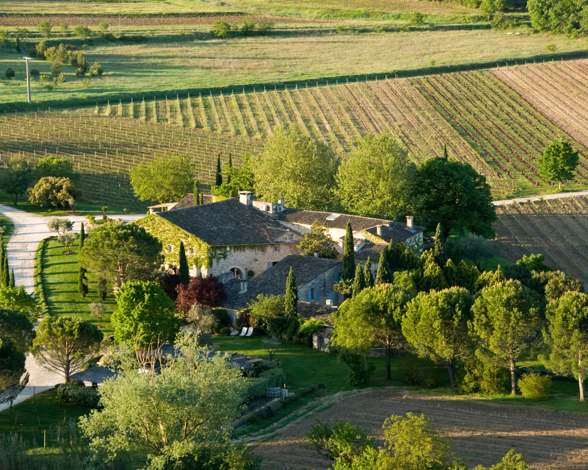 Aerial view of a traditional stone farmhouse surrounded by manicured gardens and mature trees, including tall cypress, set within an agricultural landscape. Geometric rows of grapevines extend across rolling fields in multiple directions around the property, creating a patchwork of cultivated land in warm evening light.