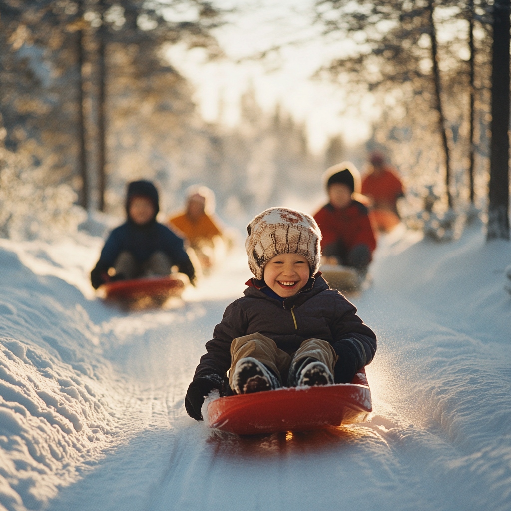 A child wearing a knit hat and dark winter jacket rides a red plastic sled down a snow-covered path through a forest, with several other sledders visible in the soft-focused background. Bare trees line both sides of the snowy trail, with bright sunlight filtering through the branches creating a backlit effect.