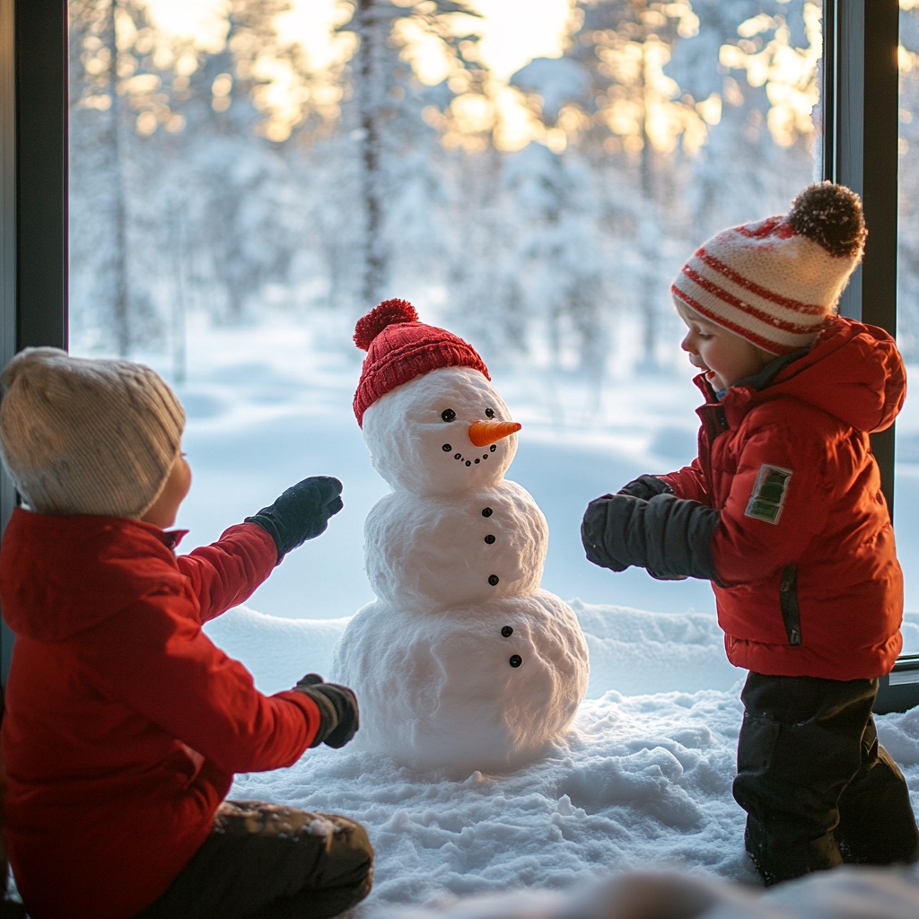Two children wearing red winter jackets and knit hats build a snowman on a snow-covered deck, with the snowman positioned between them featuring an orange carrot nose, black button details, and a red knit hat with a pompom. A large window behind them reveals a snow-covered forest landscape with golden sunlight filtering through the trees.