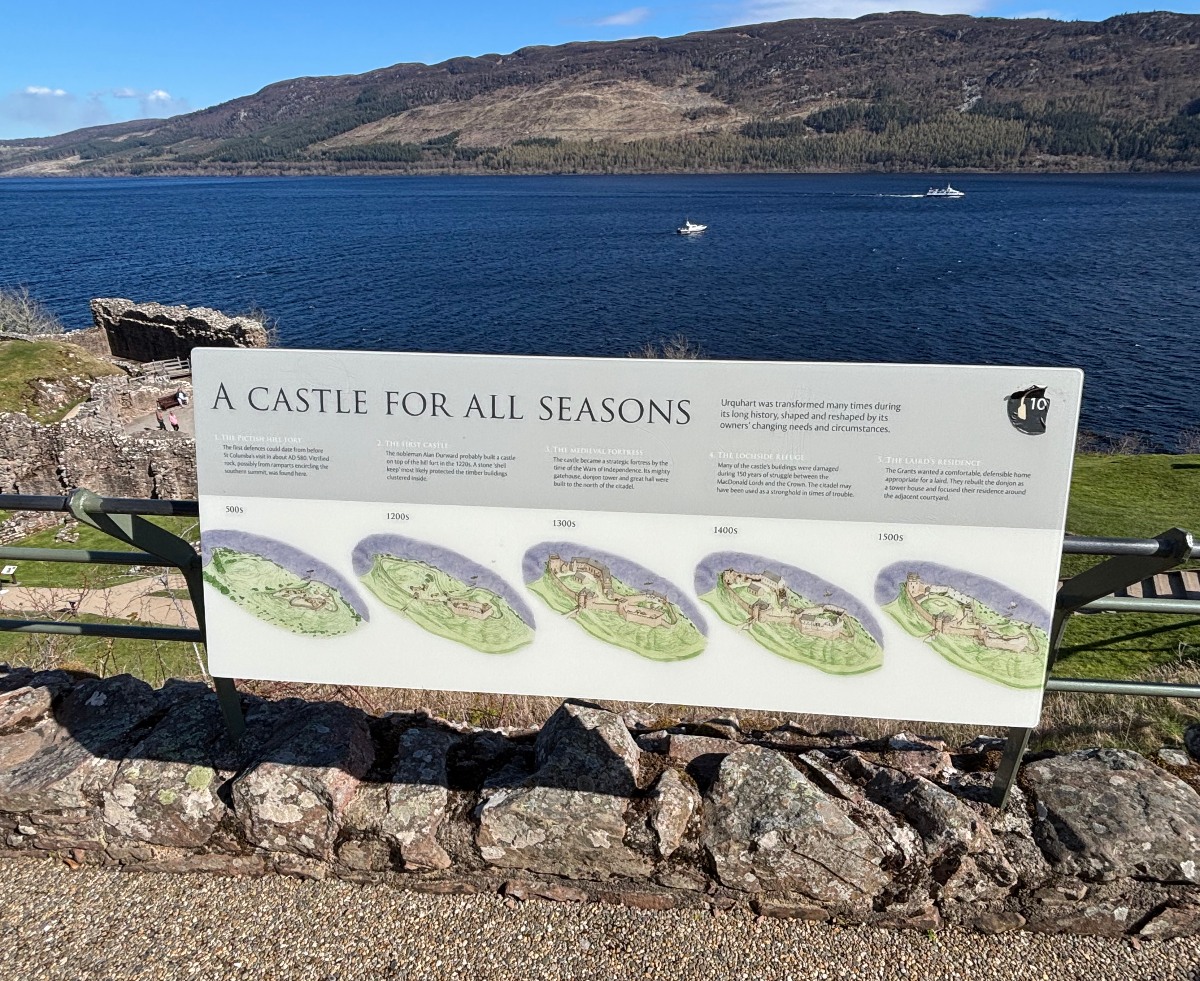 An interpretive sign titled "A Castle for All Seasons" stands on a stone wall at Urquhart Castle, with five illustrations tracing the site's development from the 500s through the 1500s. Behind it, two boats move across the dark blue water of Loch Ness toward a wooded hillside under a clear sky, with castle ruins visible at the left edge.