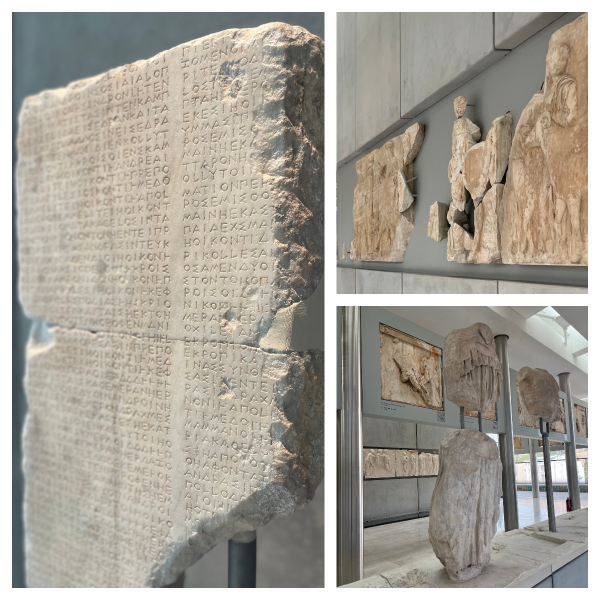 A three-part collage from the Acropolis Museum shows, at left, a marble stele densely inscribed with ancient Greek lettering, and at top right, a section of the Parthenon frieze depicting carved figures in flowing robes. The bottom right image shows the museum's frieze gallery, where headless draped marble statues stand on a plinth before wall-mounted relief panels in a light-filled hall.