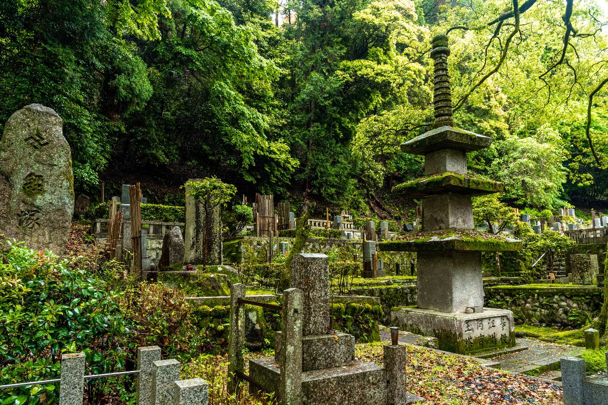 A moss-covered stone pagoda lantern stands among densely arranged Japanese grave markers and memorial stones, many with inscribed kanji characters, set on tiered stone-walled plots with fallen leaves on the ground. A dense canopy of tall green trees encloses the cemetery on all sides, with bamboo fencing visible among the graves in the middle distance.