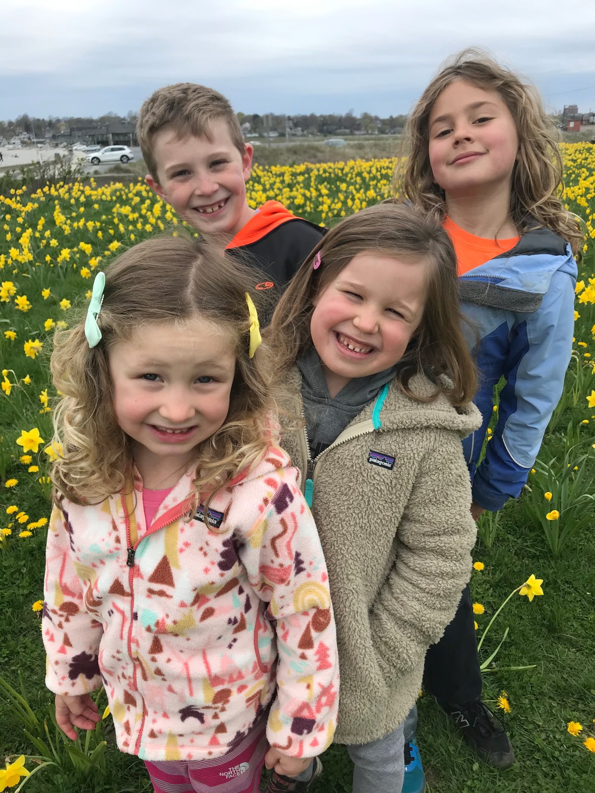 Four young children in fleece jackets and rain shells stand smiling in a grassy field filled with blooming yellow daffodils. Behind them, a road with parked cars and a line of buildings runs along the edge of the field under an overcast sky.