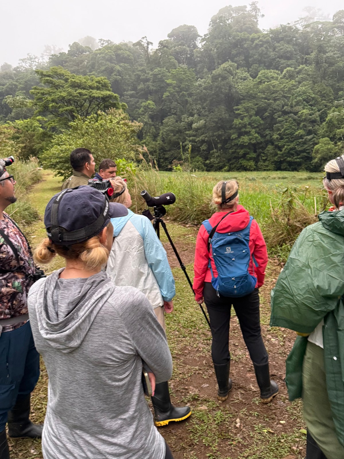 A group of travelers stands at the edge of a grassy clearing, watching a forested hillside shrouded in mist, with a spotting scope mounted on a tripod set up in the middle of the group. Most wear rain jackets and rubber boots, and several have binoculars or backpacks, with tall grasses and dense rainforest canopy filling the background.