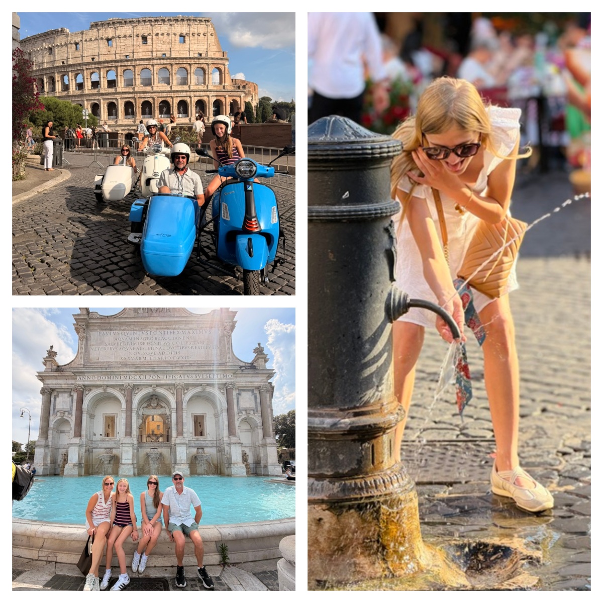A three-photo collage from Rome: at top left, a family in helmets sits on blue and white Vespa scooters with sidecars in front of the Colosseum; at bottom left, four family members sit on the edge of a fountain basin in front of the Fontana dell'Acqua Paola, its carved Latin inscription visible above the arches. The third photo, at right, shows a girl in a white top and sunglasses leaning down to drink from an arcing stream of water at a cast-iron street fountain on a cobblestone street.