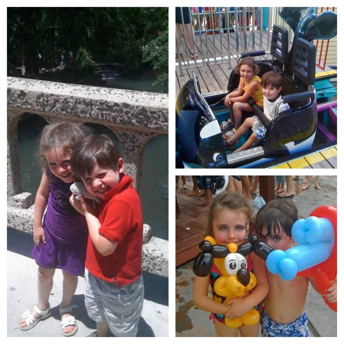 A three-photo collage shows a young girl and boy on a family outing, smiling together beside a stone bridge railing in one image and sitting side by side in a black-and-white orca-shaped amusement ride car in another. In the third photo, the two children in swimsuits hold up balloon animals — a yellow cartoon dog and a blue-and-red figure — on a wet deck surrounded by other people.