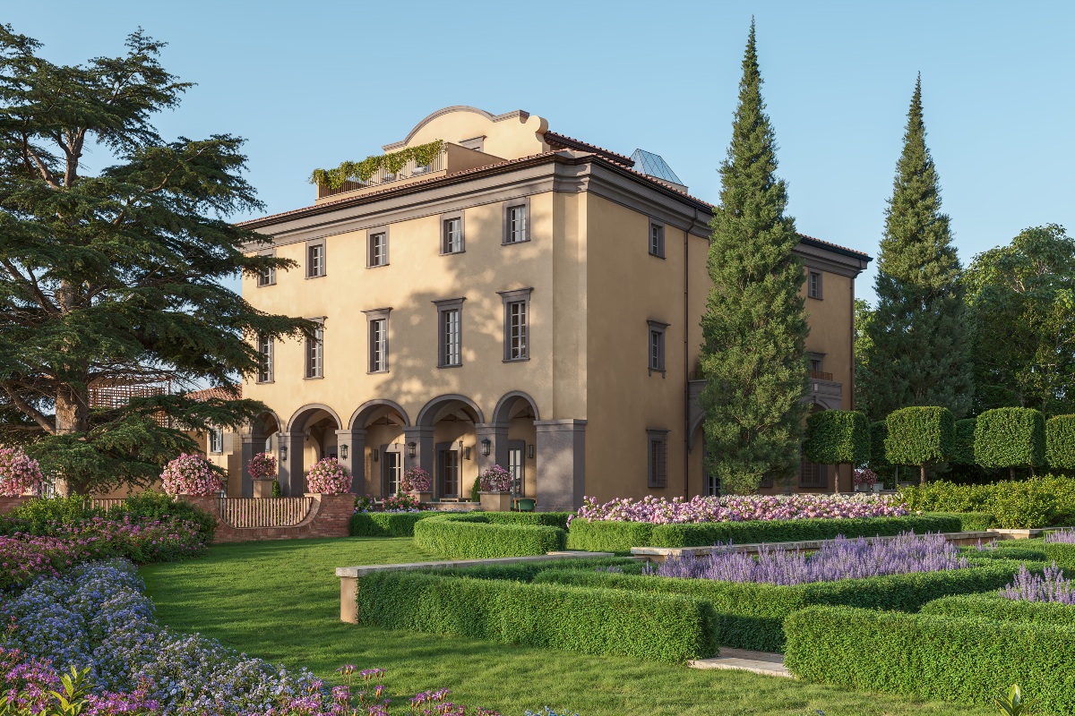 A rendering shows a three-story ochre Italian villa with gray-trimmed windows, a ground-floor arcade of arches, and a rooftop terrace draped in greenery. Formal gardens with clipped boxwood hedges, lavender, and pink flowering shrubs surround the villa, framed by tall cypress trees and a large cedar under a clear blue sky.