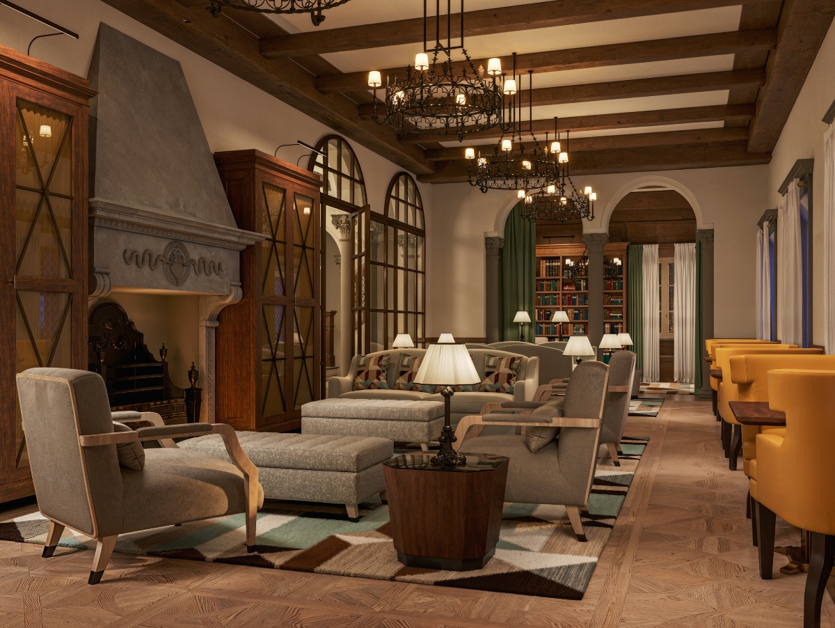 A rendering of an elegant hotel lounge shows gray upholstered armchairs, sofas, and tufted ottomans arranged on a geometric rug beside a large carved stone fireplace and tall wooden display cabinets. Wrought-iron chandeliers hang from dark wood-beamed ceilings, with mustard-yellow chairs lining the right wall and an arched doorway opening to a book-lined library beyond.