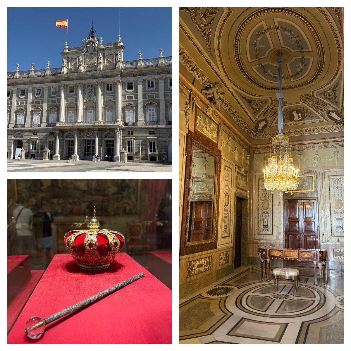 A three-photo collage shows the stone facade of the Royal Palace of Madrid under a clear blue sky, with columns, statues, and a Spanish flag flying from the roof, alongside a red velvet and gold crown and a jeweled scepter displayed on red cloth in a glass case. The largest image shows an ornate palace room with a gilded, painted ceiling, a crystal chandelier, mirrored and paneled walls, an inlaid wooden desk with a cushioned stool, and a patterned marble floor.